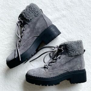 Marc Fisher Leigan Gray Suede Shearling Lug Sole Ankle Boots 7.5